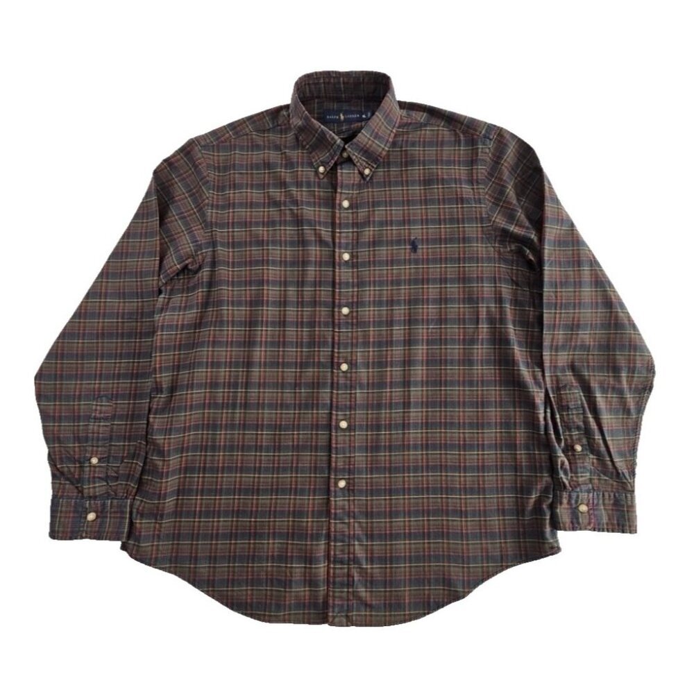 Ralph Lauren Brushed Cotton Shirt Men's XL Green Plaid EUC Long‎ Sleeves Button